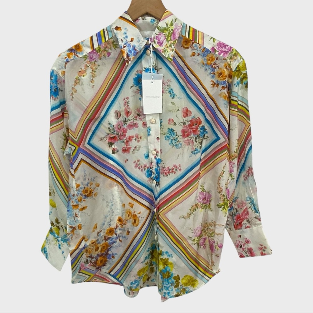 Zimmermann NWT Multicolor Patchwork Halcyon Silk Button Down Blouse Size US 2P